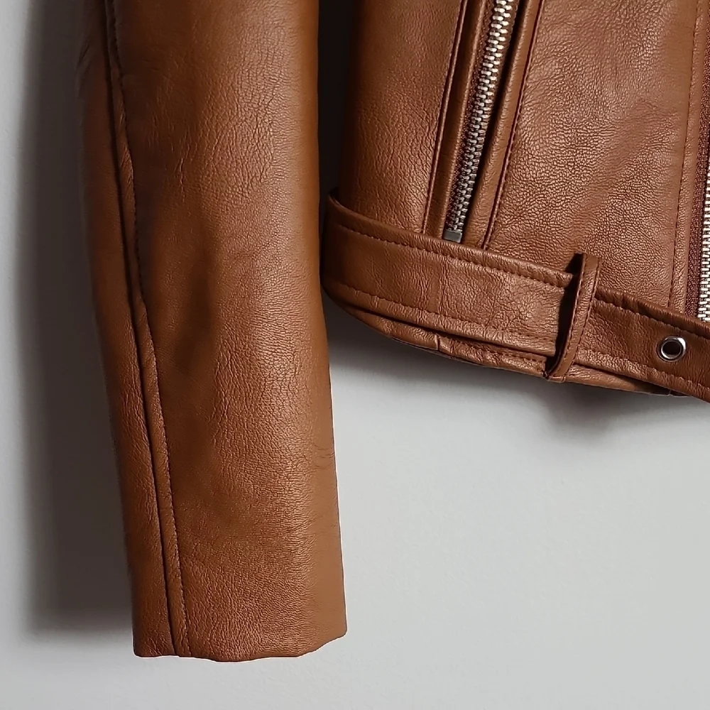 LOVE TREE Tan Vegan Leather Moto Jacket Brown Zip Up Size Small - Picture 6 of 16